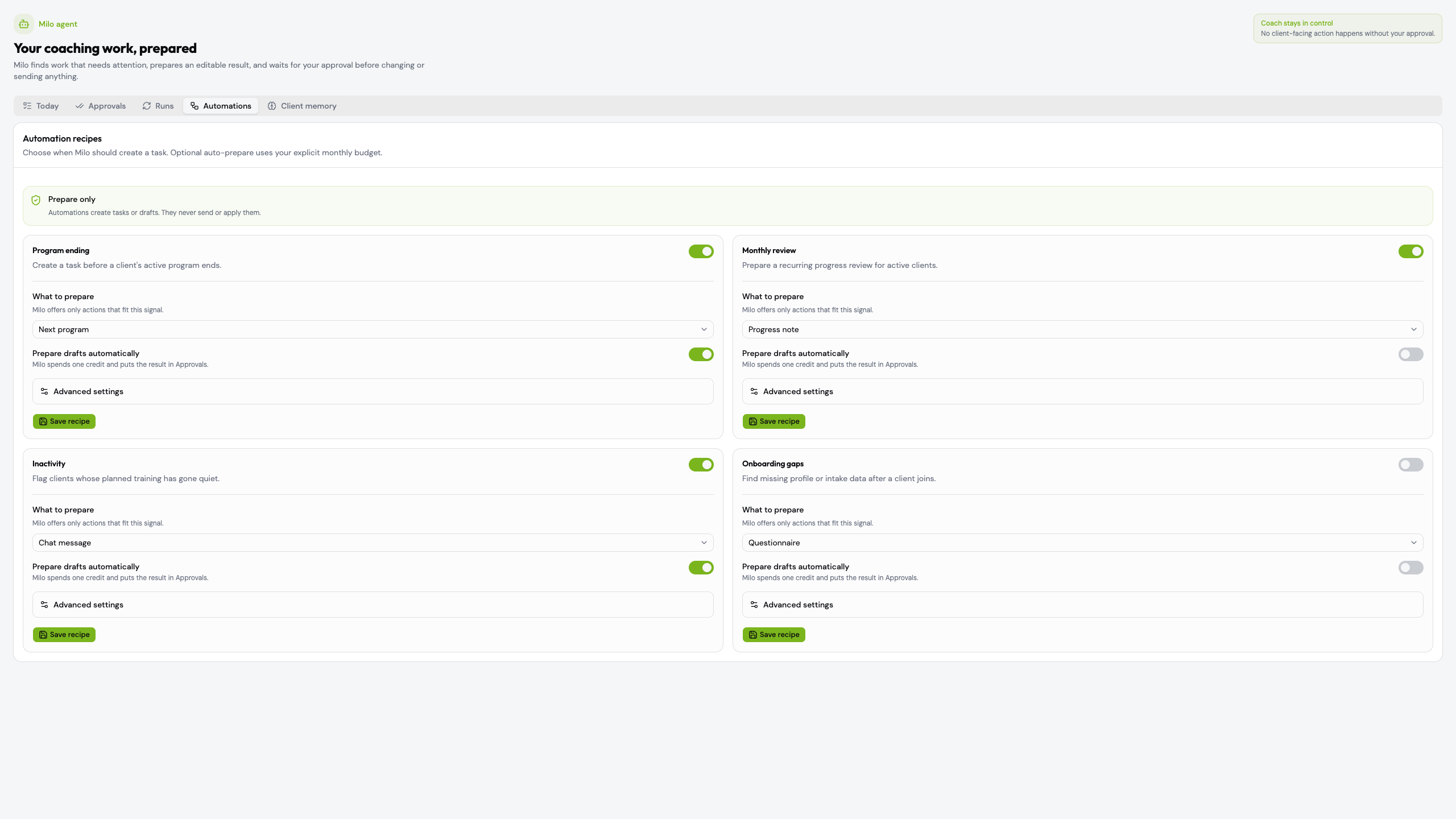 Milo Agent automations with triggers, budgets and quiet hours