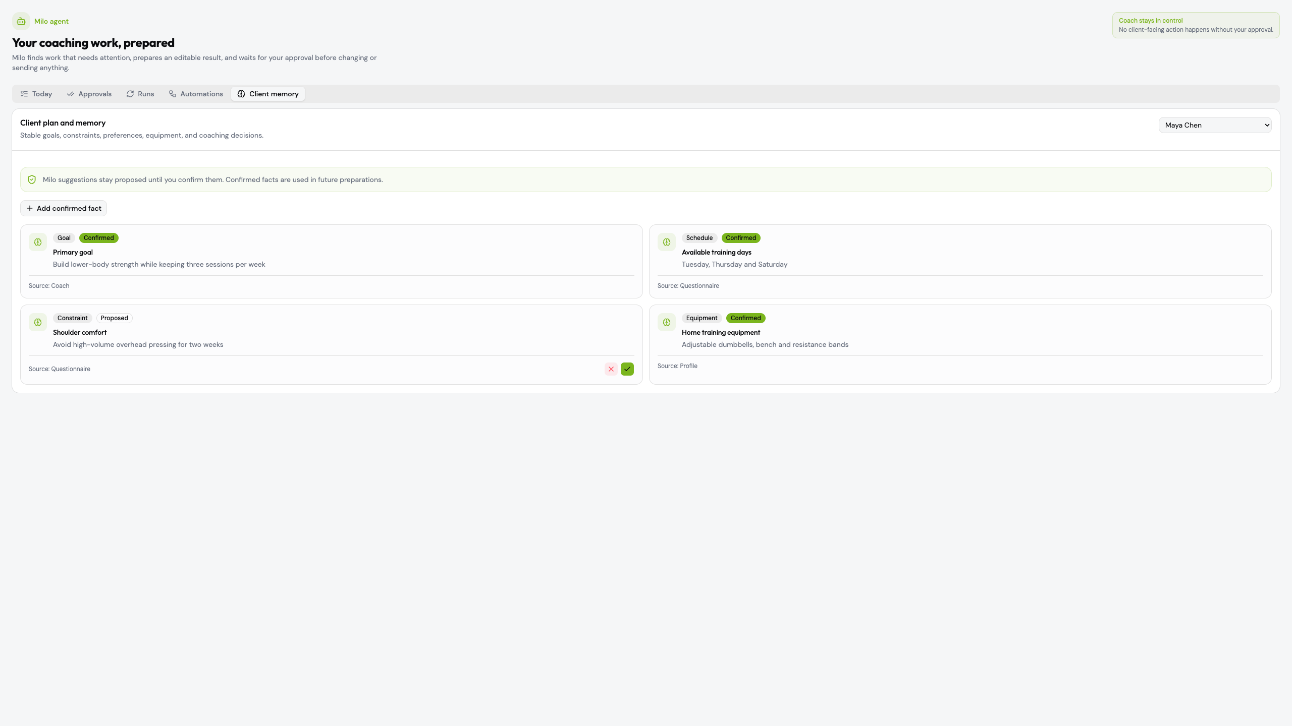 Milo Agent client memory with confirmed and proposed facts