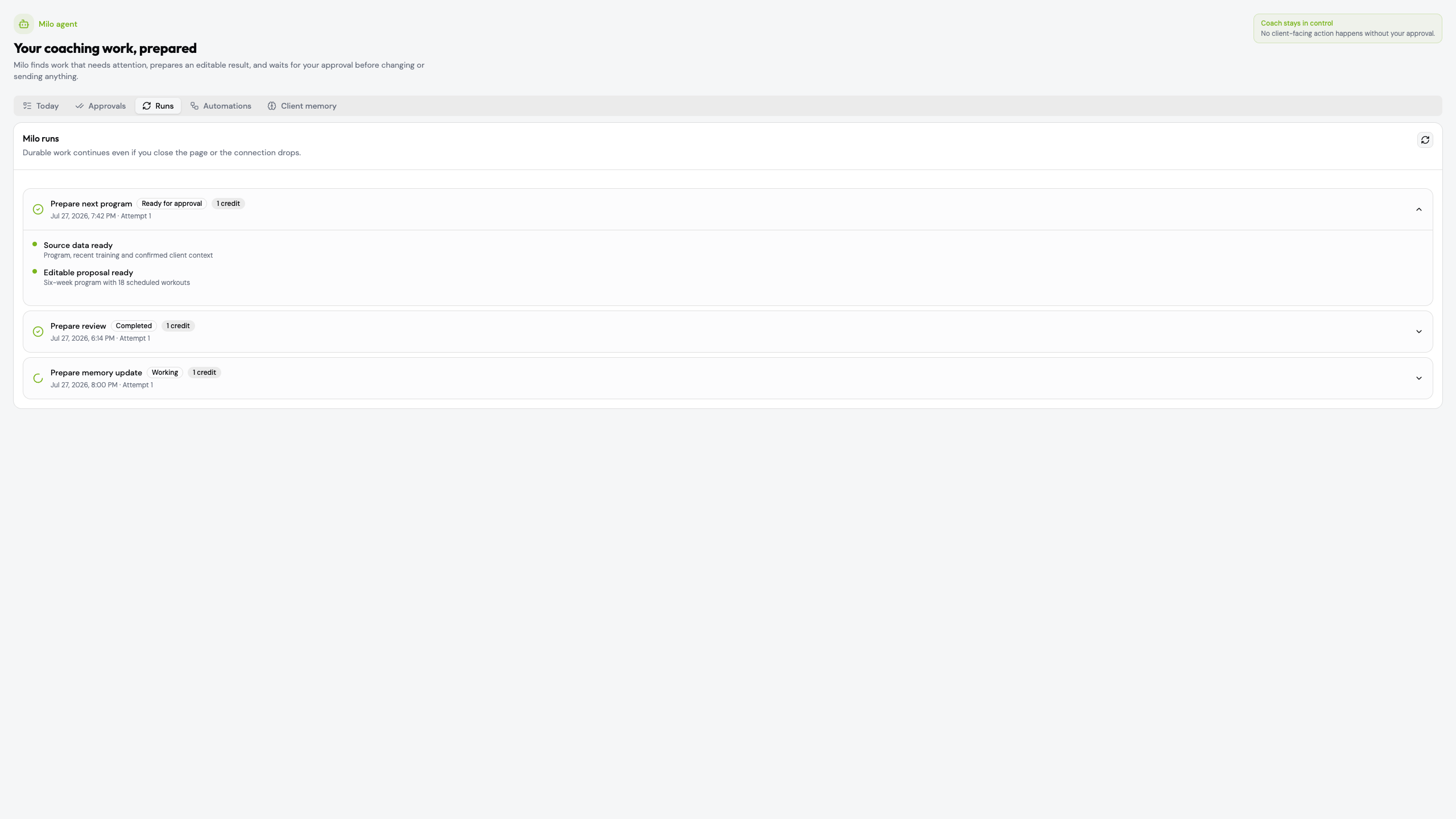 Milo Agent run history with visible completed steps