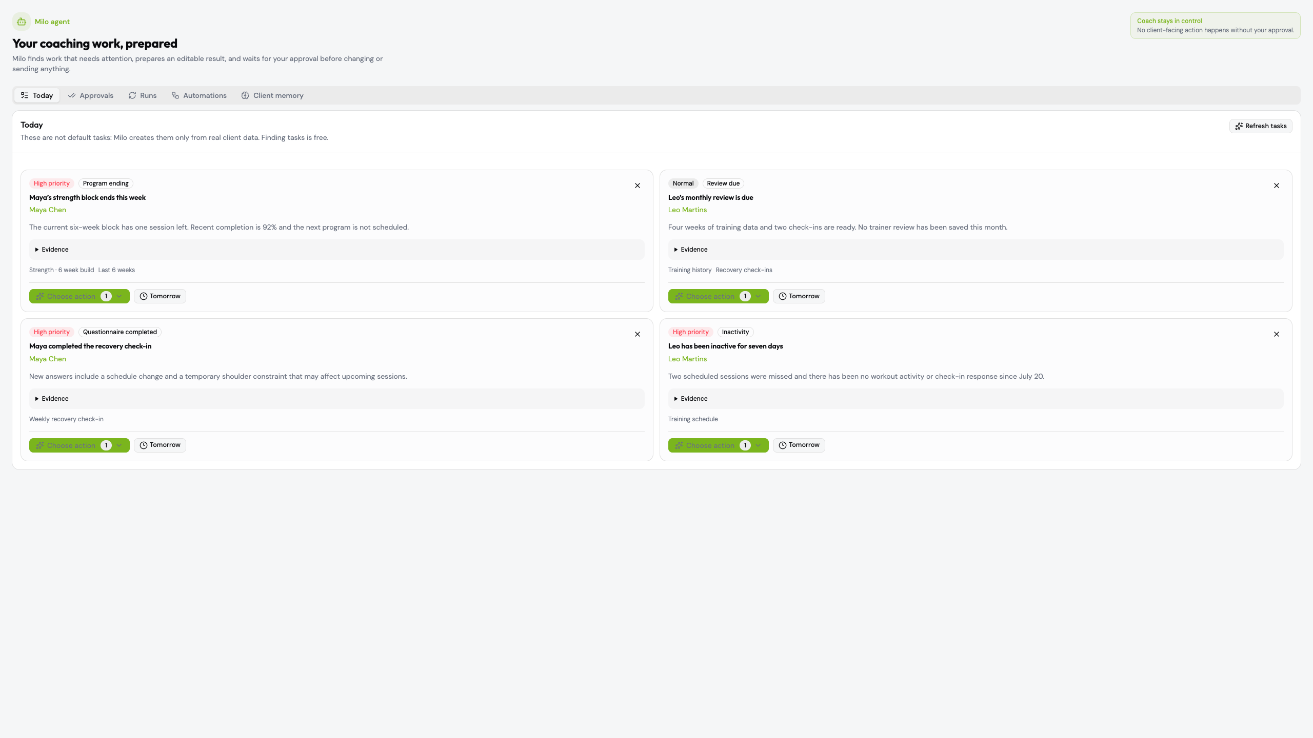 Milo Agent Today queue with program, review, questionnaire and inactivity tasks
