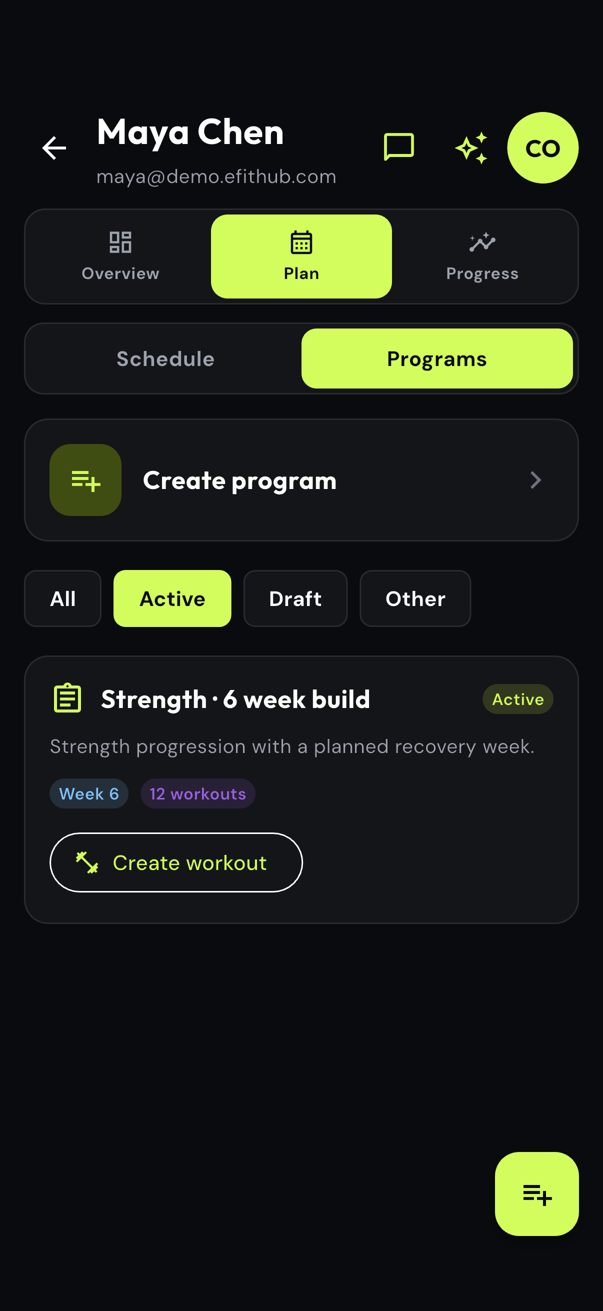 Coach app showing an active six-week program for a client