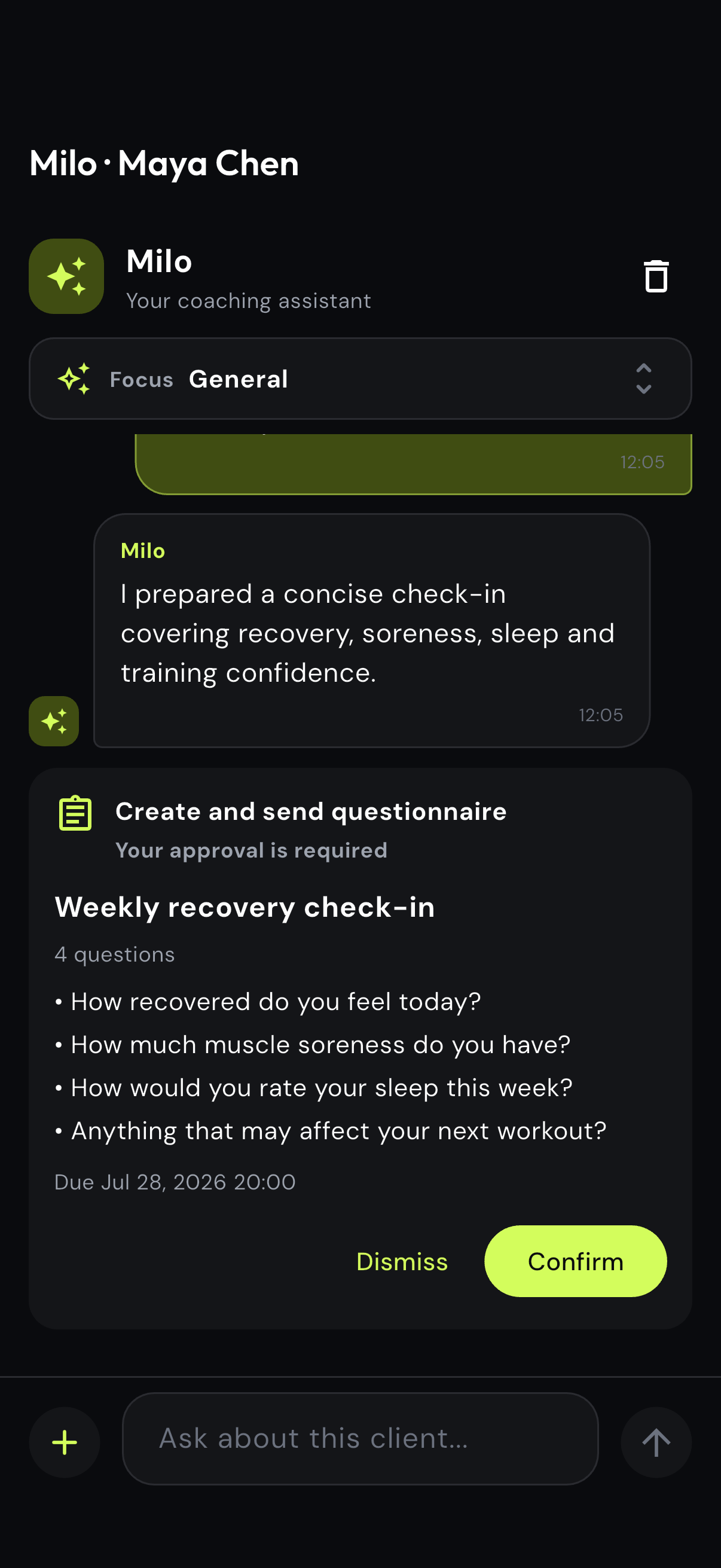 Milo questionnaire approval preview with recovery questions and due date