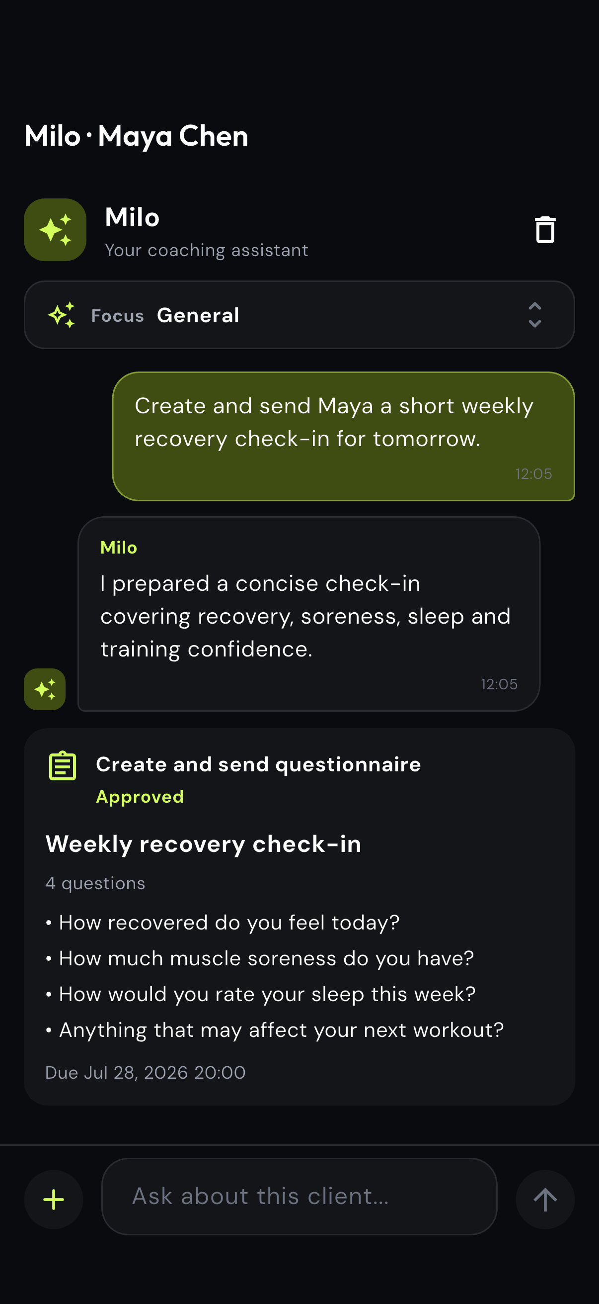 Approved recovery questionnaire in the Milo conversation