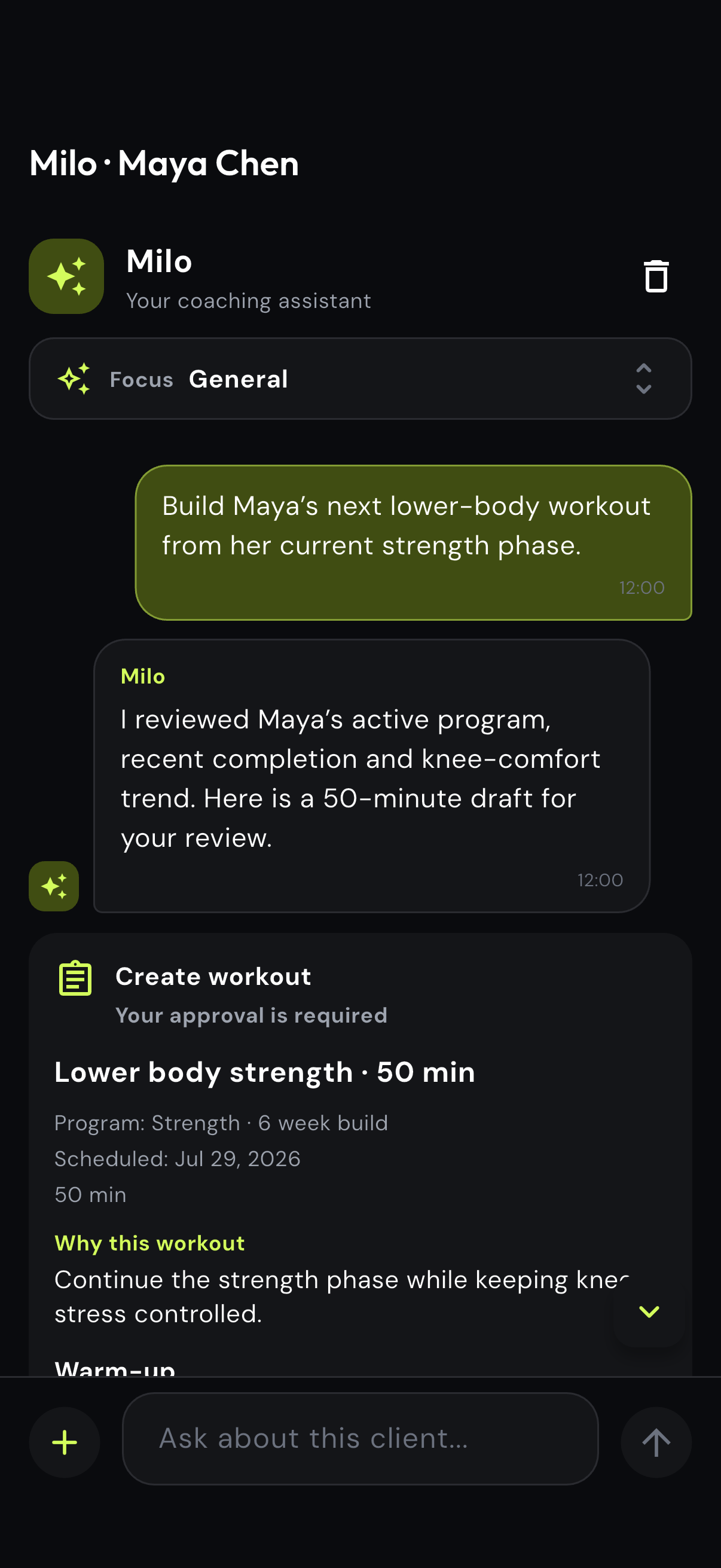 Milo conversation requesting the next lower-body workout for a client