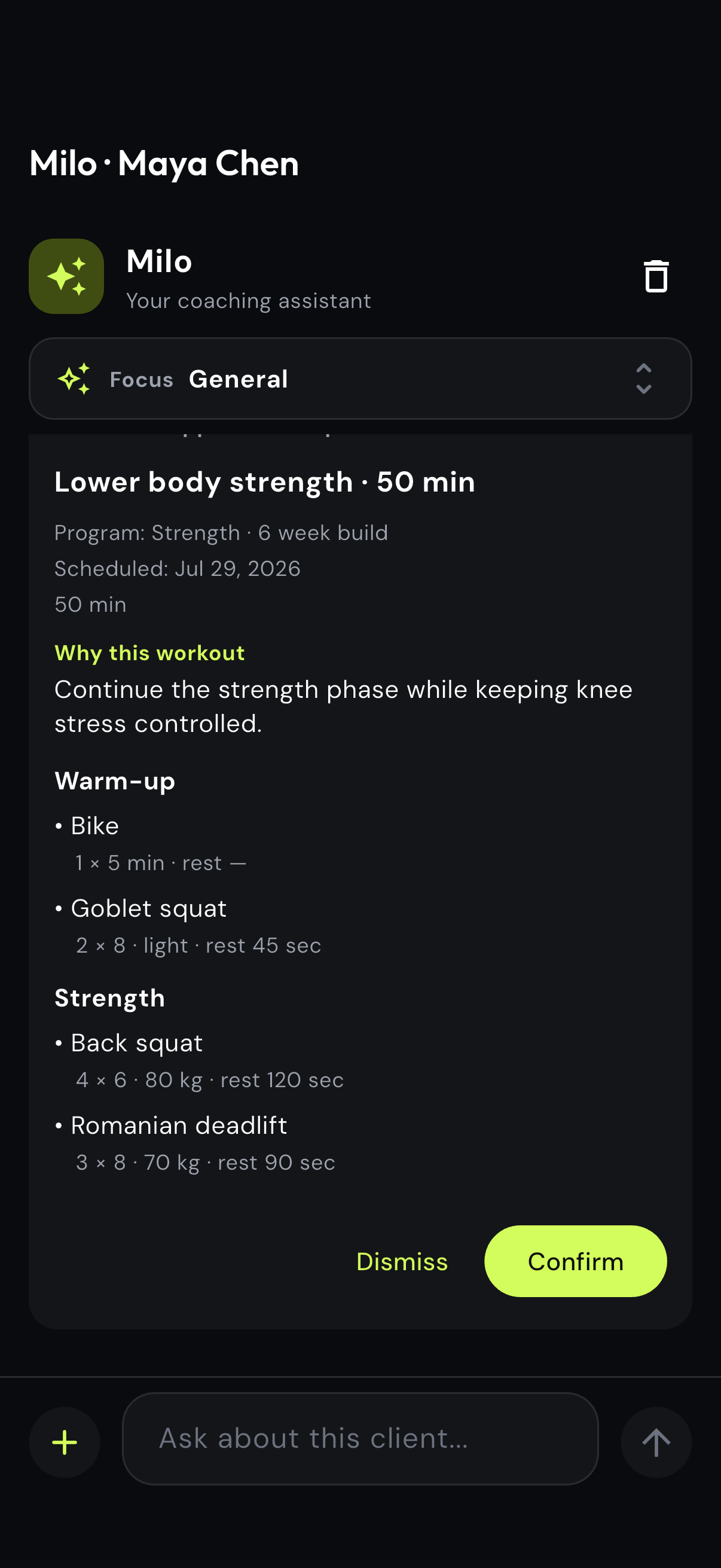 Milo workout approval preview with structured exercise details