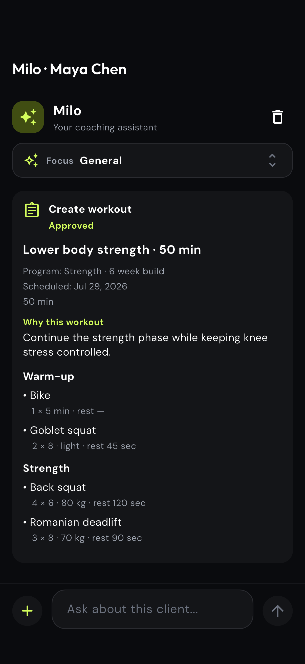 Approved Milo workout draft in the Coach app