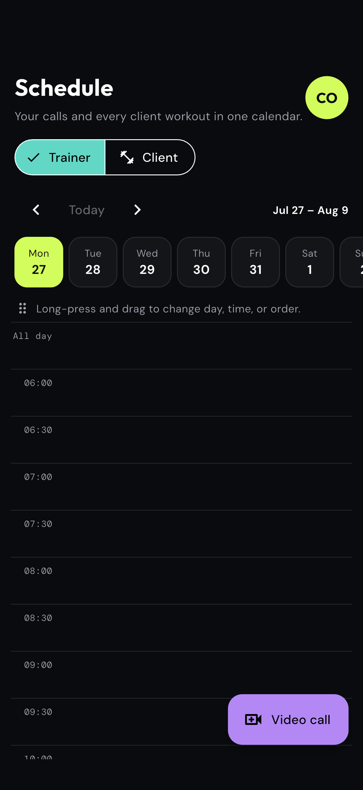 eFitHub Coach schedule with trainer and client calendar views