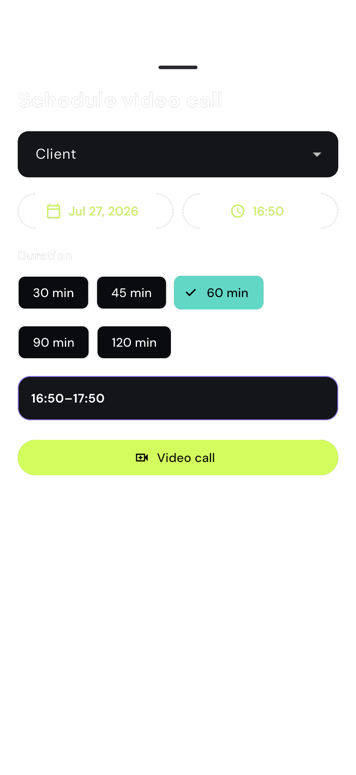 Video call scheduling form in the eFitHub Coach app