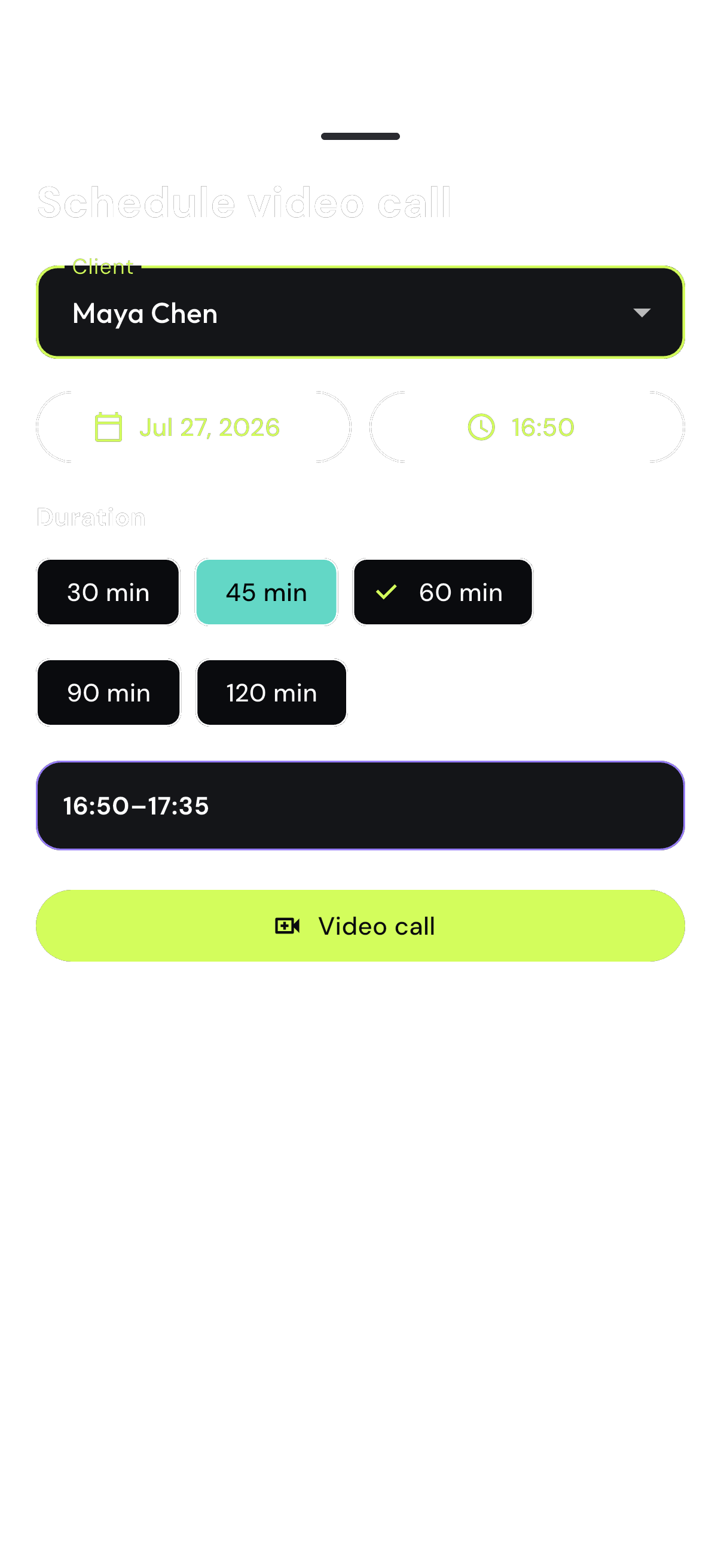 Completed video session details ready to schedule