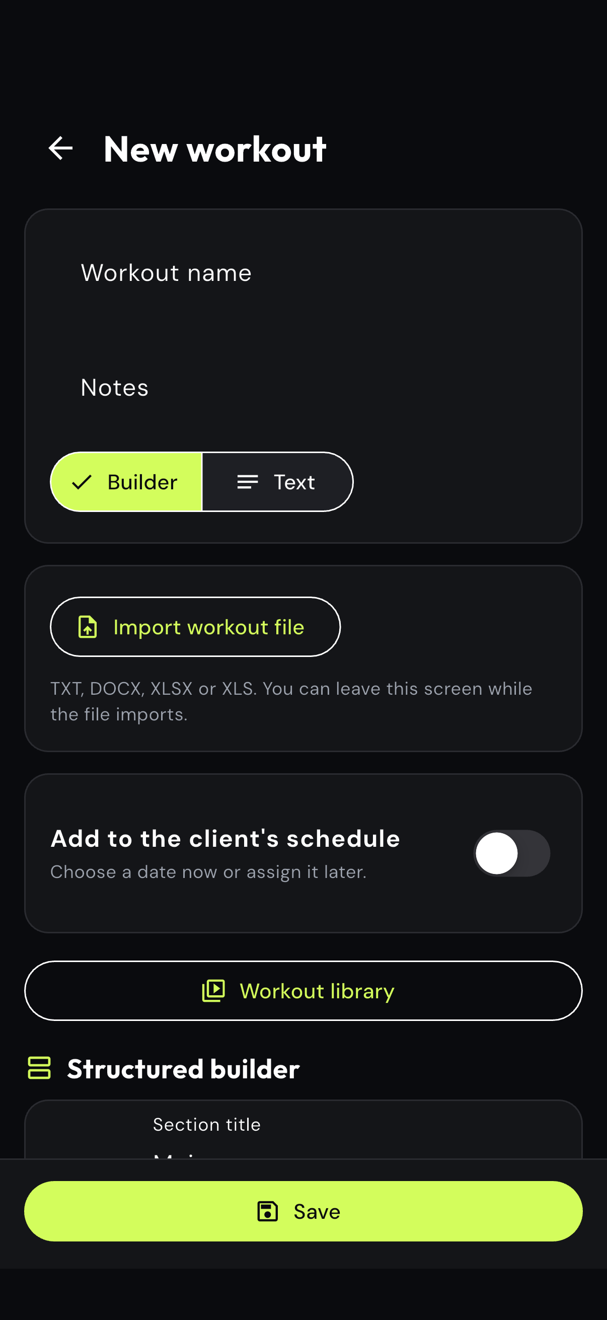 Empty eFitHub structured workout builder in the Coach app