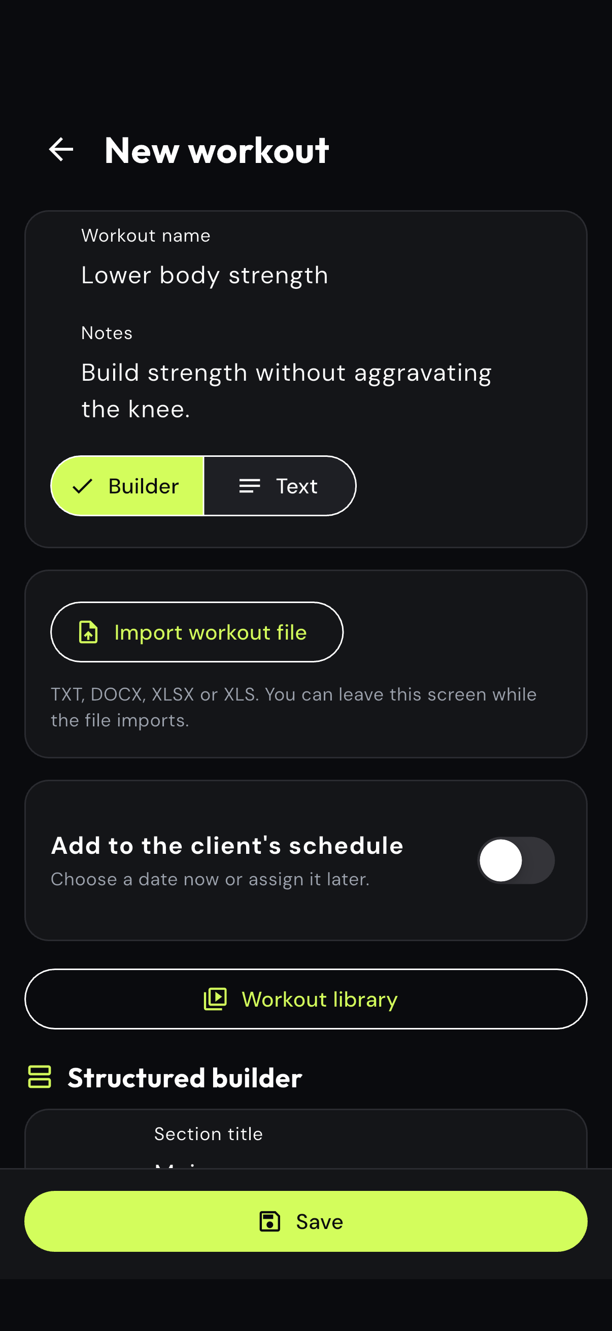 Coach app workout details with a strength session name and coaching notes