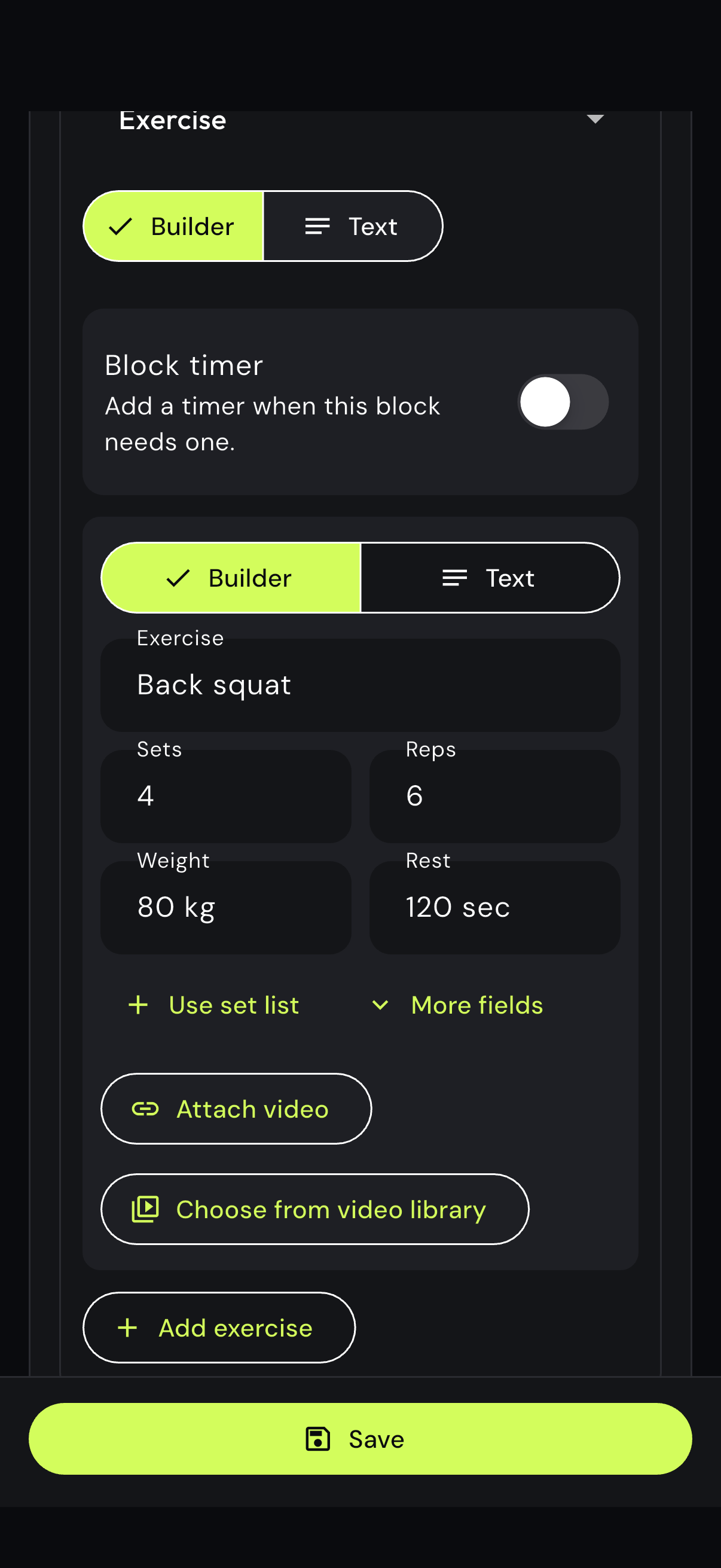 Structured exercise block with sets, reps, weight, rest and video controls