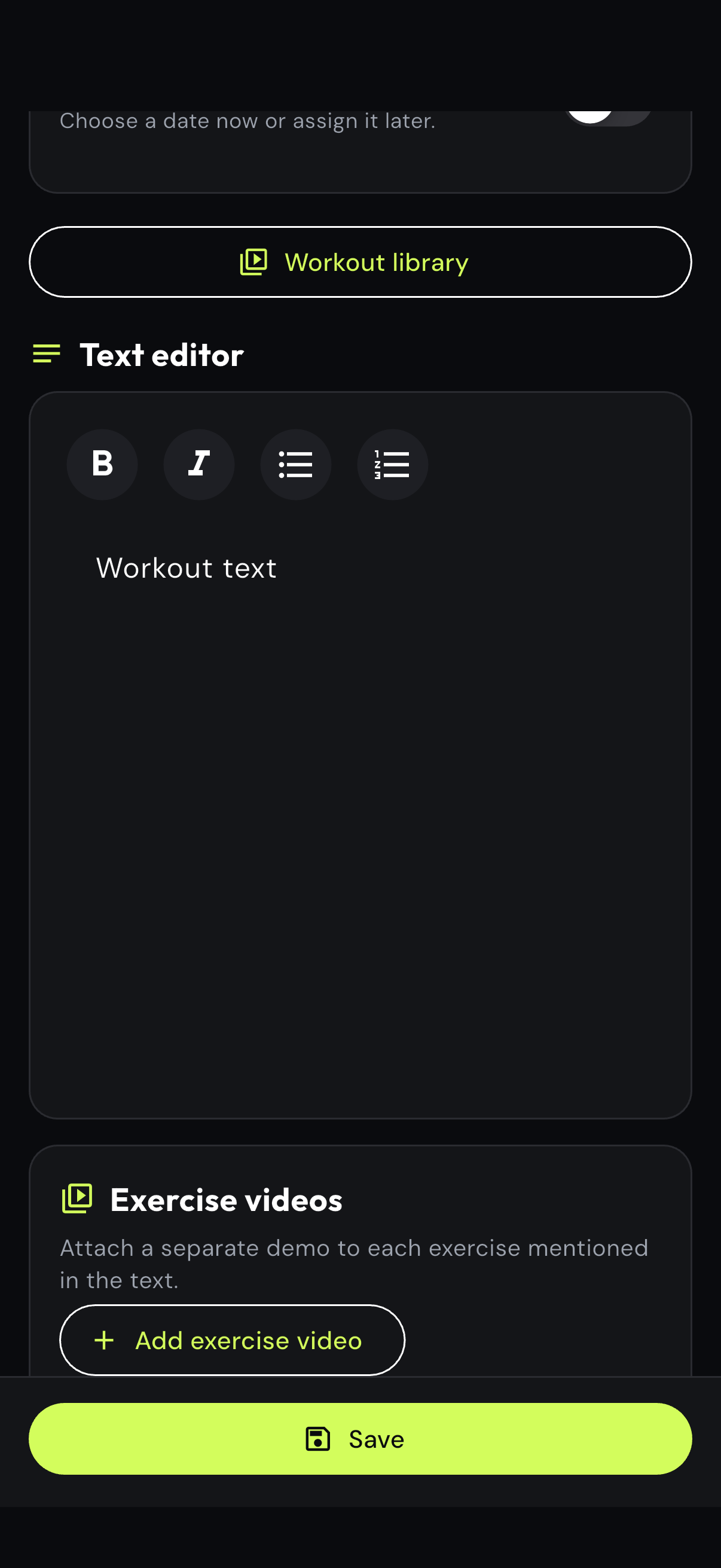 eFitHub Coach app with the text workout editor selected