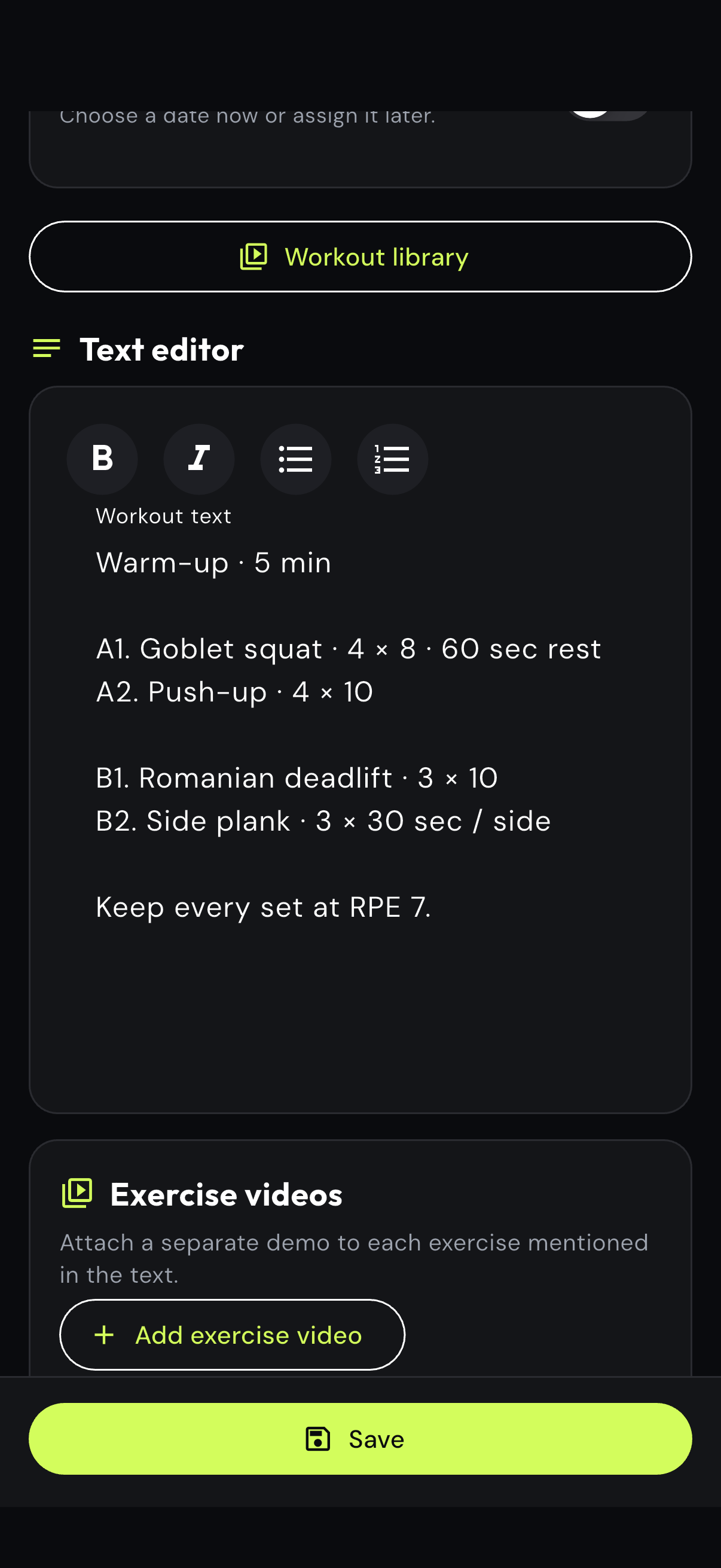 Text workout with exercises, sets, reps, rest and RPE guidance