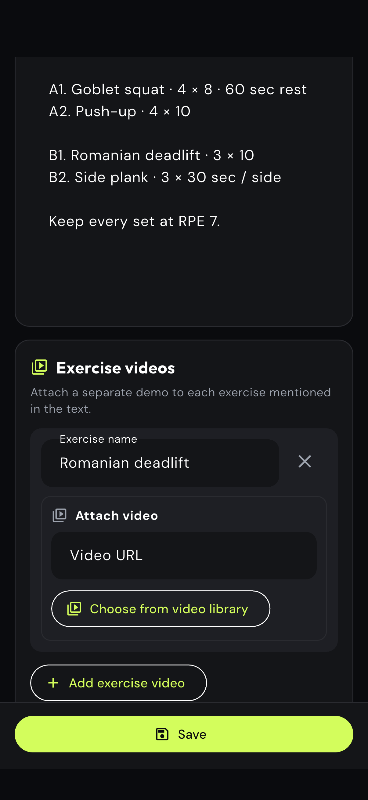 Exercise video attachment below a text-based workout